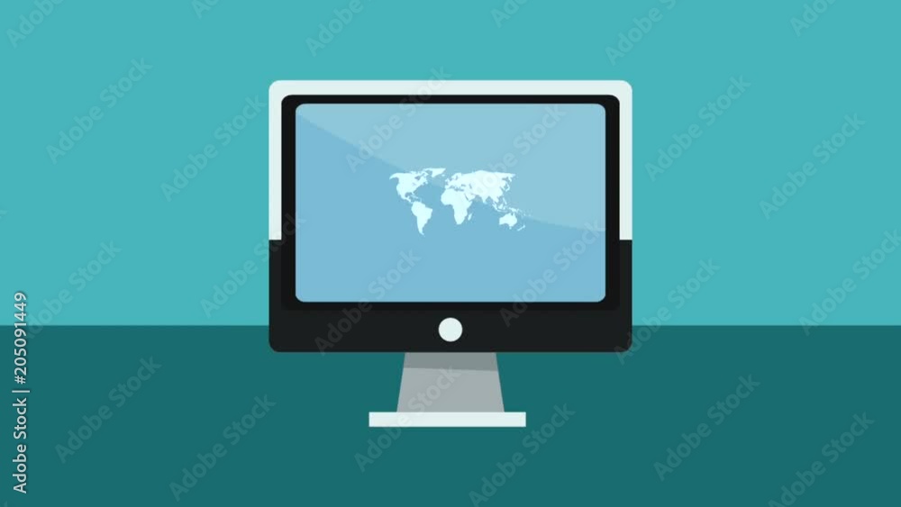 Poster hand with magnifying glass searching online store at computer high definition animation colorful sce