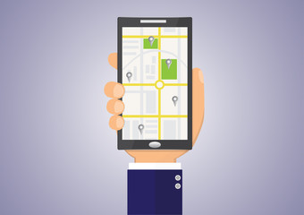 Business man's hand holding smartphone with gps map, technology concept vector illustration