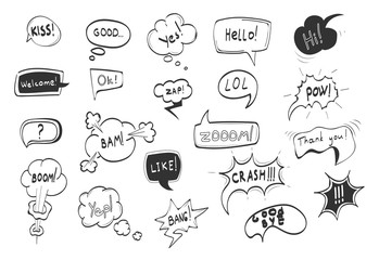 Hand Drawn Comic Speech Bubbles Black Thin Line Icon Set. Vector