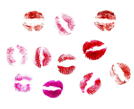 set many prints of lipstick on a white isolated background