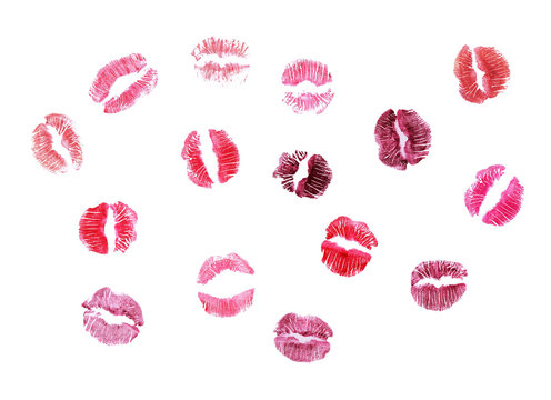 set many prints of lipstick on a white isolated background