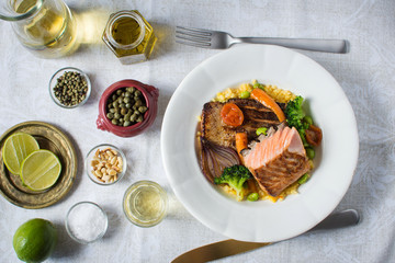Grilled Salmon Steak with Vegetables on White Plate. Healthy Food.