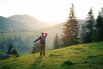 Caucasian male hiker with a wooden stick in mountains