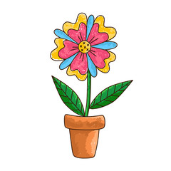 Cute flower in pot house plant line doodle colorful vector
