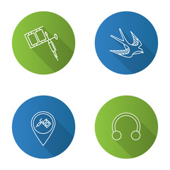 Tattoo studio flat linear long shadow icons set