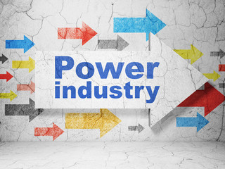 Industry concept:  arrow with Power Industry on grunge textured concrete wall background, 3D rendering