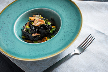 Cuttlefish Ink Black Spaghetti with Salmon and Vegetables