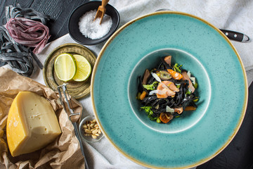 Cuttlefish Ink Black Spaghetti with Salmon and Vegetables
