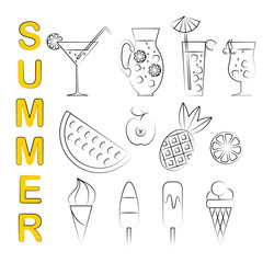 Set of 12 summer icons with inscription Summer. Drinks, fruits, ice-creams
