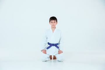 Fototapeta na wymiar The boy posing at Aikido training in martial arts school. Healthy lifestyle and sports concept
