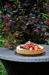 In a green garden in the nature fruit pie with strawberries and other berries. On a woven table