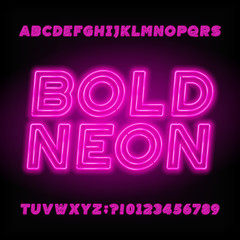 Neon tube alphabet font. Neon color bold letters, numbers and symbols. Stock vector typeface for your design.