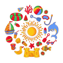 Naklejka premium Beach summer vacation doodles colorful vector set