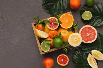 Variety of ripe citruses on gray background