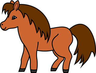 Cute cartoon brown pony with dark brown mane