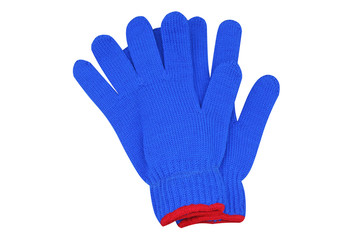 Blue woven gloves with red edge isolated on white background 