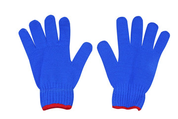 Obraz premium Blue woven gloves with red edge isolated on white background 