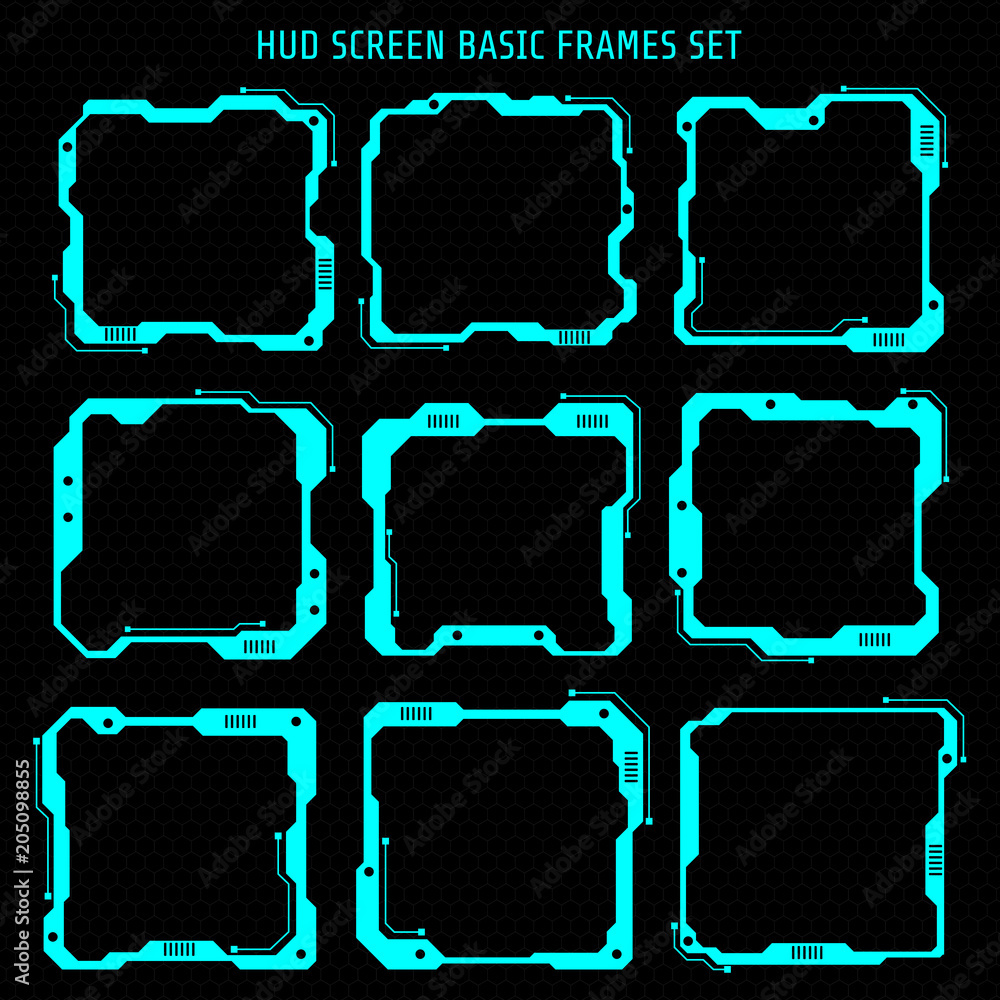 Aufkleber HUD Futuristic User Screen Basic Elements Set. Abstract Virtual Control Panel Layout Texture On Geometrics Hexagon Pattern Concept Design Illustration.