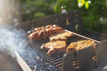 Fleisch und Spieße  auf einem Grill