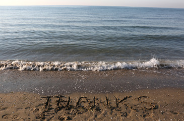 Fototapeta na wymiar text THANKS on the sand of the beach