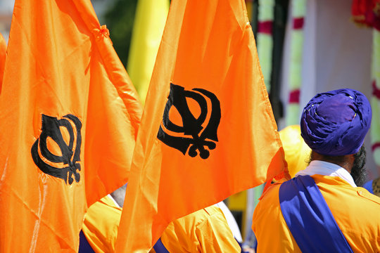 Orange Flags with sikhism symbol called Khanda