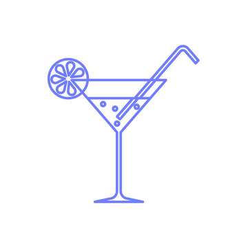 Cocktail in a high crystal glass with a lemon and a straw. Line art style.