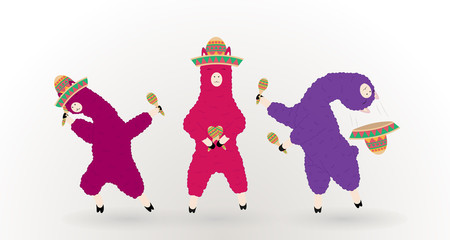 Dancing llamas in a Mexican hat with maracas