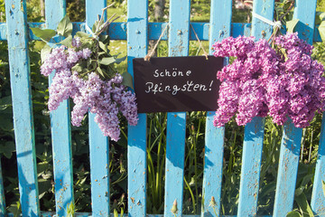Tafel mit Text "Schöne Pfingsten" vor Gartenzaun mit Flieder