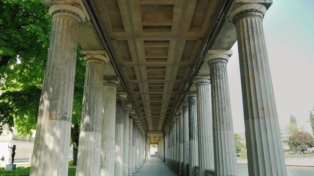 A long gallery with columns in Alte Nationalgalerieon State Museums in Berlin, Germany