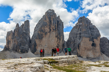 Blick auf die Drei Zinnen in Süd Tirol, Dolomiten, Italien