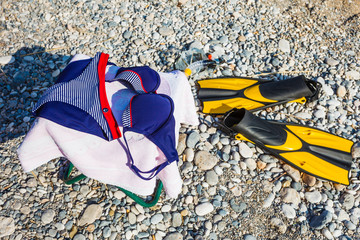 Bikini, sport fins and towel.