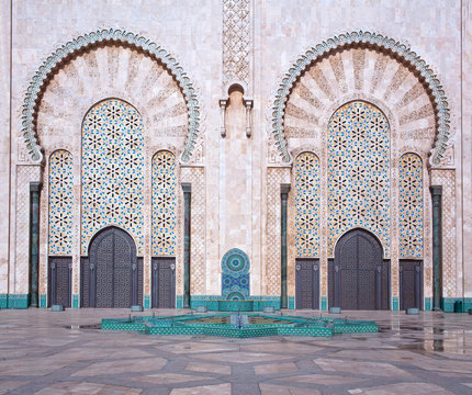 Architecture details of exterior of  Hassan II Mosque in Casablanca, Morocco