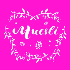 Vector muesli lettering logo design in frame of twigs on pink background