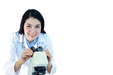 Asian female medical technologist working with microscope, white background
