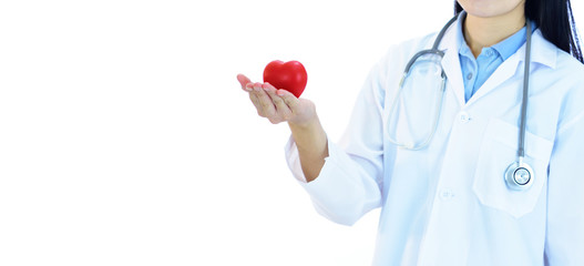 Asian female doctor holding heart in hands, heart care concept, white background
