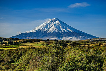 Cotopaxi volcano with sunset light shinning on it's slopes, and crops in the foreground, Ecuador. - obrazy, fototapety, plakaty