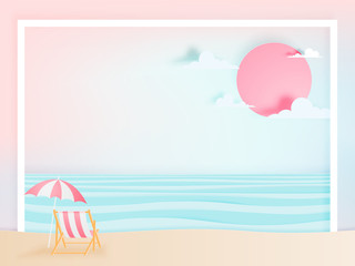 Fototapeta na wymiar Deck chair on the beach with ocean background for summer