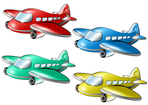 Set of colored cartoon airplanes. Vector colorful illustration.