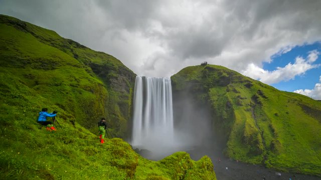 4K Timelapse Of Moving Clouds at iceland waterfall Skogarfoss in Summer of Iceland