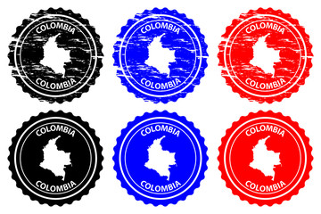 Colombia - rubber stamp - vector, Colombia map pattern - sticker - black, blue and red