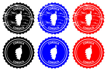 Corsica - rubber stamp - vector, Corsica map pattern - sticker - black, blue and red