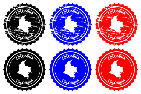 Colombia - rubber stamp - vector, Colombia map pattern - sticker - black, blue and red
