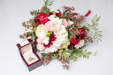 beautiful modern wedding bouquet on white table