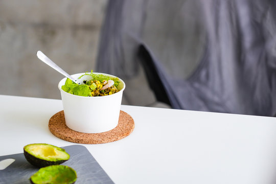 Download Take Away Salad In Disposable White Paper Bowl On White Table Minimalism Food Photography Concept Mockup Copyspace Horizontal Stock Photo Adobe Stock