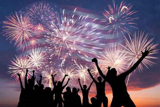 Holiday fireworks and flag of America