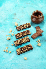 Granola bar. Healthy sweet dessert snack. Cereal granola bar with nuts and chocolate.