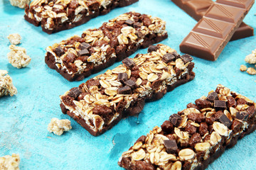Granola bar. Healthy sweet dessert snack. Cereal granola bar with nuts and chocolate.