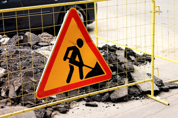Sign road construction, road maintenance in the city street