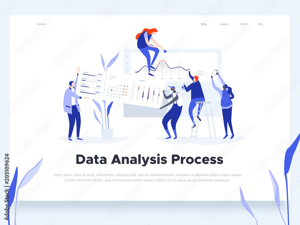 Poster people build a dashboard and interact with graphs. data analysis, workflow management and office sit