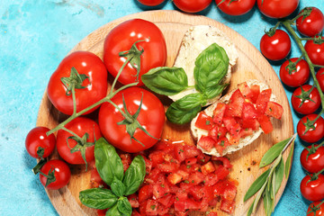 fresh tomato bruschetta. italian food appetizer with basil
